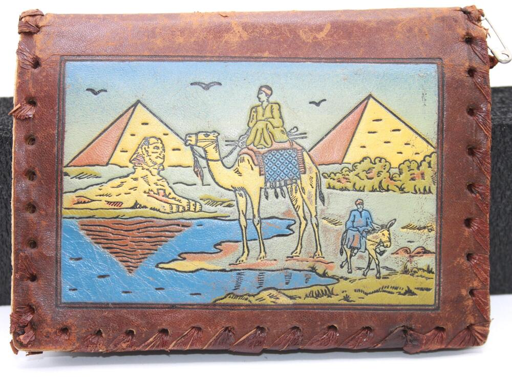 Vintage Egyptian Leather Wallet Brown Bifold Pyramids Sphinx Camel Egypt